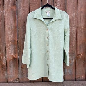 MULTIPLES Women’s Light Green Textured Button Down Tunic Top Shirt Size Medium
